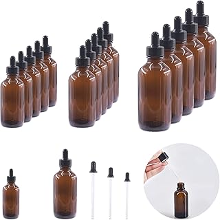 24 Pack 1 Oz 2 Oz 4 Oz Glass Dropper Bottles Assortment Set with Tapered Eye Dropper & Black Cap Amber Round Boston Tincture Bottles for Massage Essential Oils Perfumes Liquids
