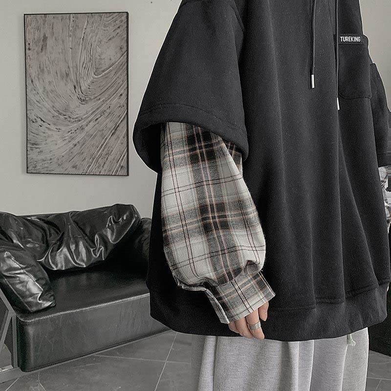 Emo Streetwear Vintage Black Hoodie Men Teen Oversized Fake Two Piece Hoodie Punk Patchwork Pullovers Grunge Clothes3