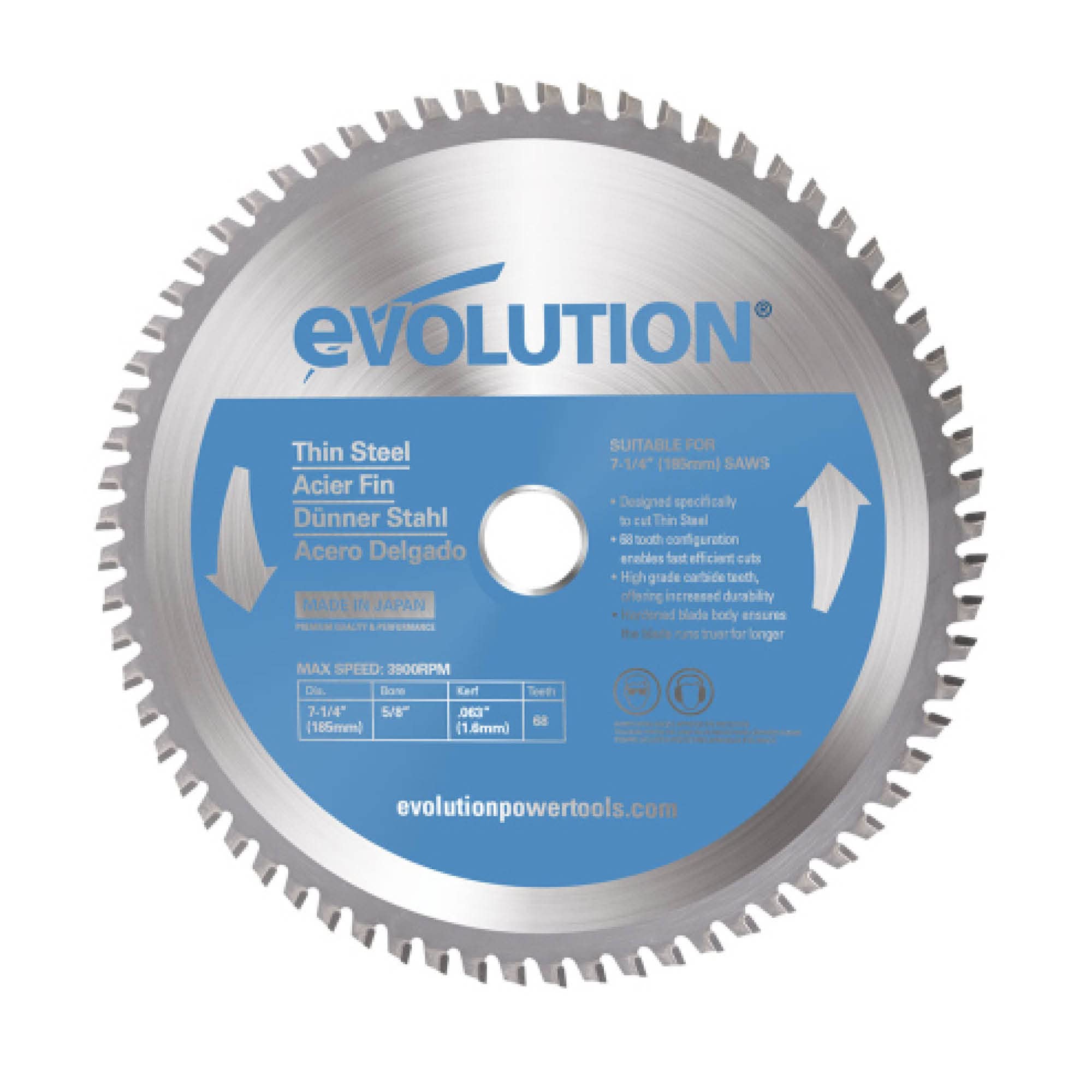 Evolution 185mm T185TCT-68CS Hoja de sierra para cortar acero delgado - Hoja de sierra de metal con punta de carburo de 68 dientes genera poco calor, rebabas o chispas