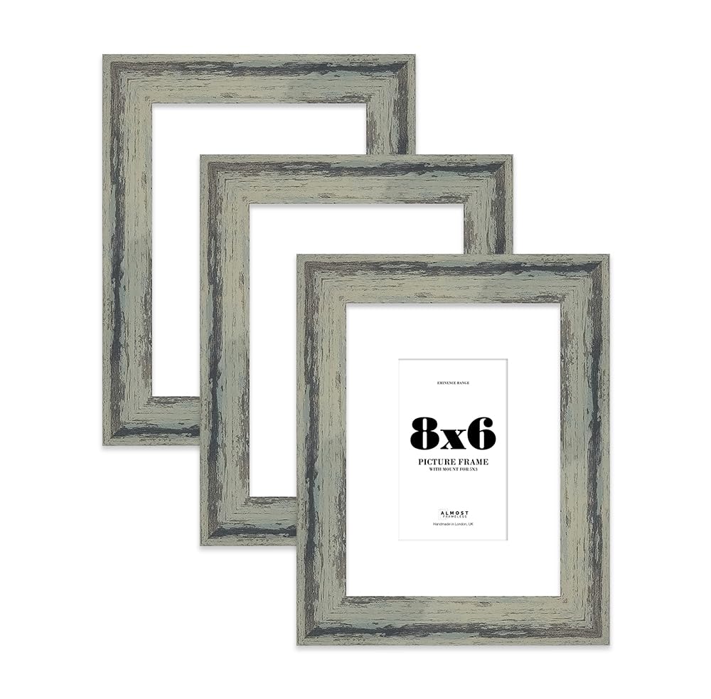 8x6" Distressed Green Picture Frame with 5x3" Mount - Reclaimed Wood Style Photo Frame with Distressed Finish, Wall Hooks and Kickstand, 32mm Edge - 3 Pack