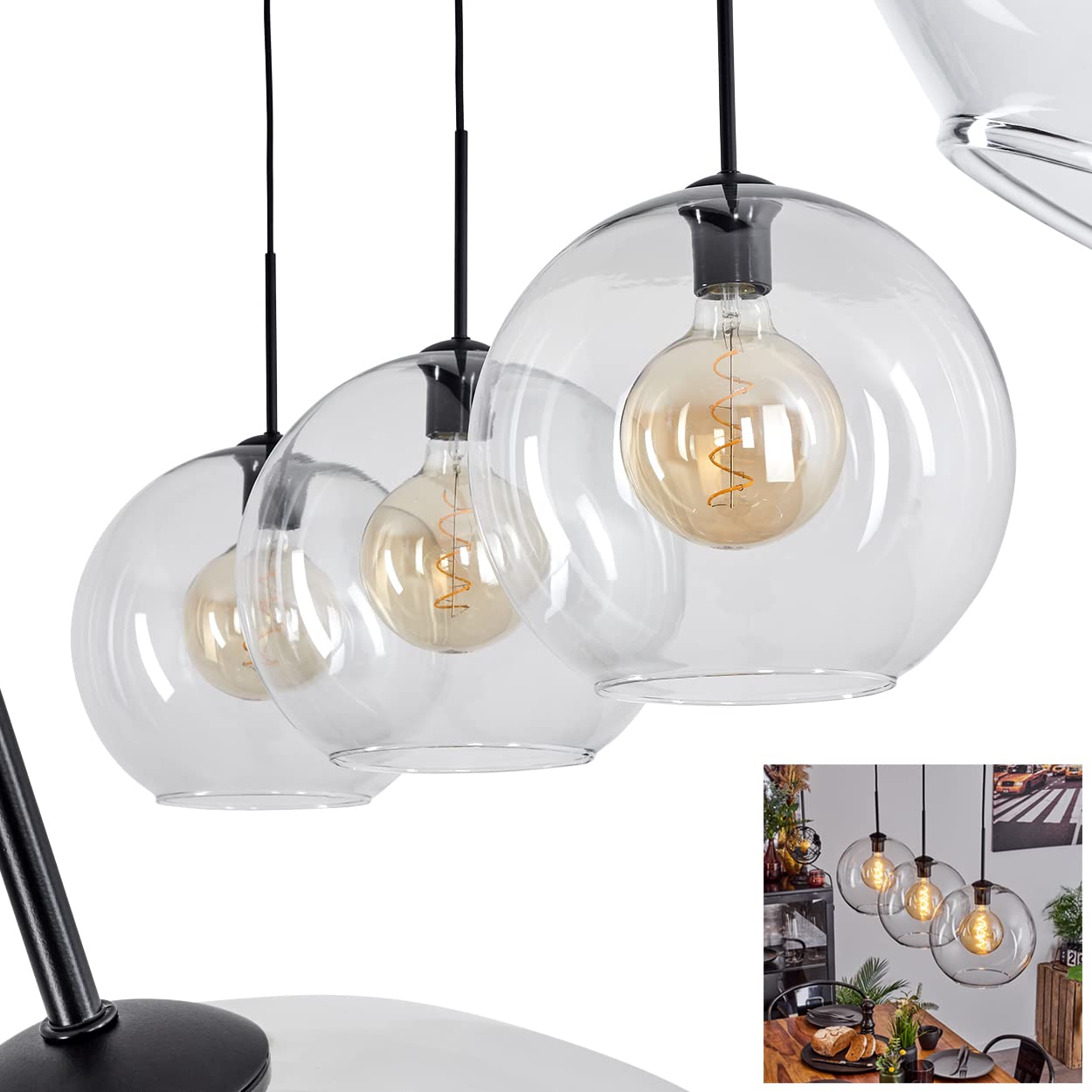 Hofstein Bright Koyoto Hanging Light, Hanging Light Made Of Metal/Glass In Black/Clear, 3-Flame Lamp In Vintage/Retro Design With Glass Lampshades (Ø 30 Cm), Height Max. 152 Cm, 3 X E27, Without Bulbs