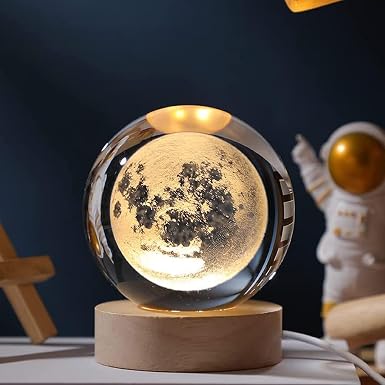 3D Crystal Ball Night Light Clear Galaxy LED Light with Wooden Base Glass Ball Ornaments Nightlight Decolamp with Touch Switch LED Lamp Gifts for Home Desktop Decor-Moon