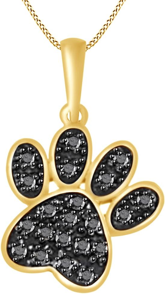 AFFY Round Cut Black Natural Diamond Paw Pendant Necklace in14K Gold Over Sterling Silver