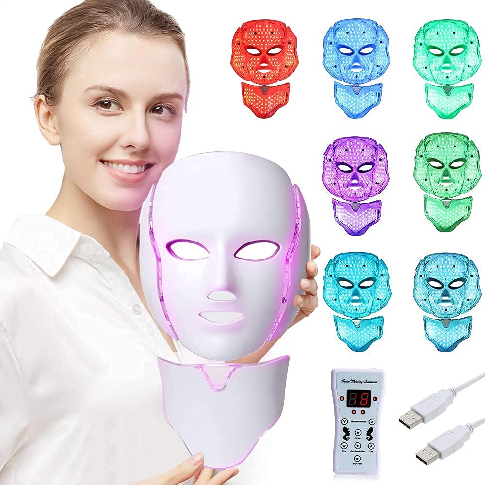 Pretty Beauty Photon Skin Rejuvenation Face & Neck Mask | LED Photon Red Blue Green Therapy 7 Color Light Treatment Anti Aging Spot Removal Wrinkles Whitening Facial Skin Care Mask