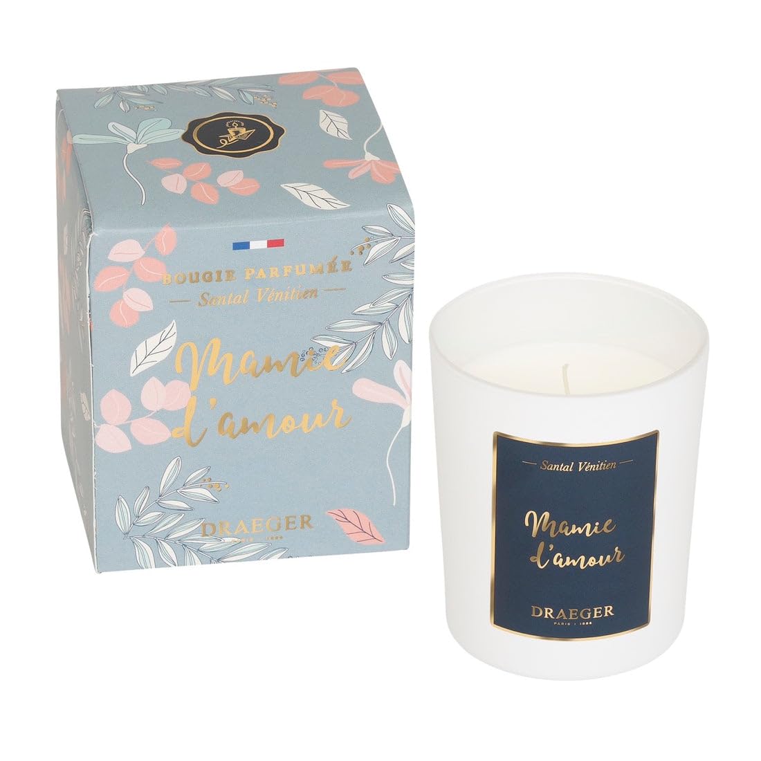 DRAEGER Paris Scented White Venetian Sandalwood Gift Candle Mamie d'amour – Venetian Sandalwood Fragrance – Gift Idea for Mum and Grandmother – Made in France – 100% Vegetable Wax – 40 Hours Burning