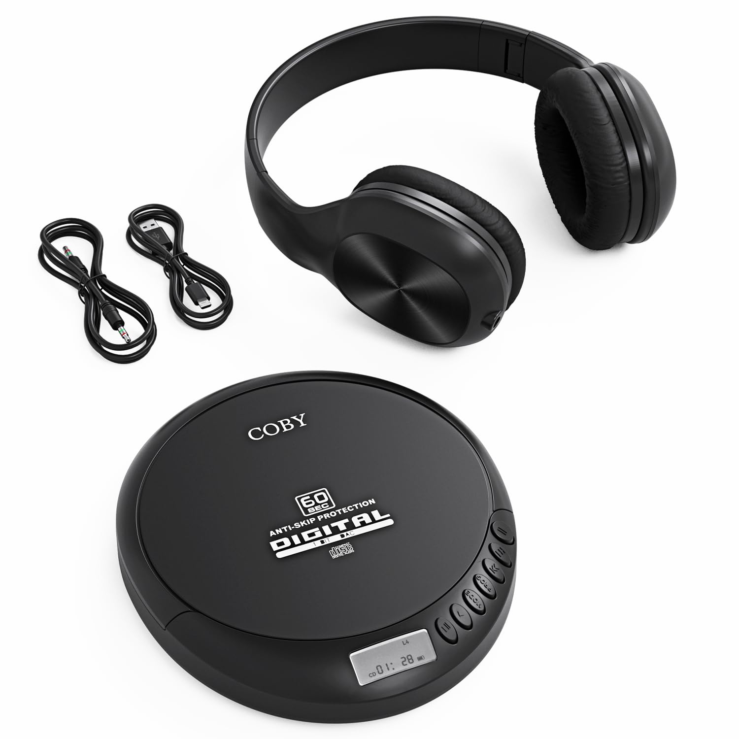 Coby Portable CD Player with MP3 Playback & FM Radio, 60-Second Anti-Skip Protection, Foldable Wired Headphones, Compact Retro Discman Music Player for Home, Car, Travel & Seniors – Clear Stereo Sound