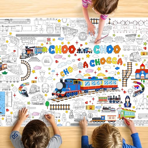 JOYGATHER Train Coloring Tablecloth, Giant Coloring Poster, Large 30x72 Inches with Train Tracks Station Activity Tablecloth, Perfect for Party Games, Train Party Decorations