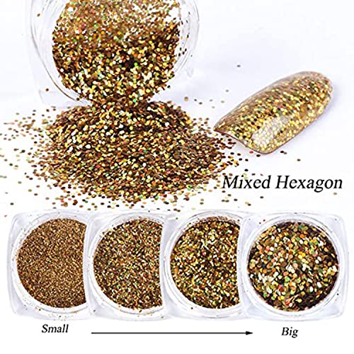 Holographic Gold Glitter Nail Art Sequins, Mixed Gold Glitters Flakes Powder Foils, 8 Designs Gold Acrylic Nails Supplies For Women Girls Manicure Sparkly Decorations, Diy Resin Shiny Nail Art Tips #TOP3