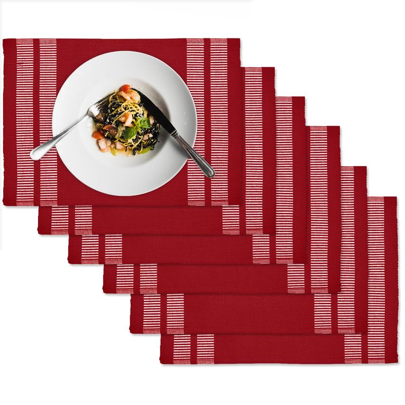 Encasa Homes Dining Placemats (Set of 6 pcs) Made from Fine Ribbed Cotton - Perfect Size 46x32 cm, Smart Modern Colours & Designs, Use at Home, Cafes, Restaurants & Hotels - Ladder Red - Image 2