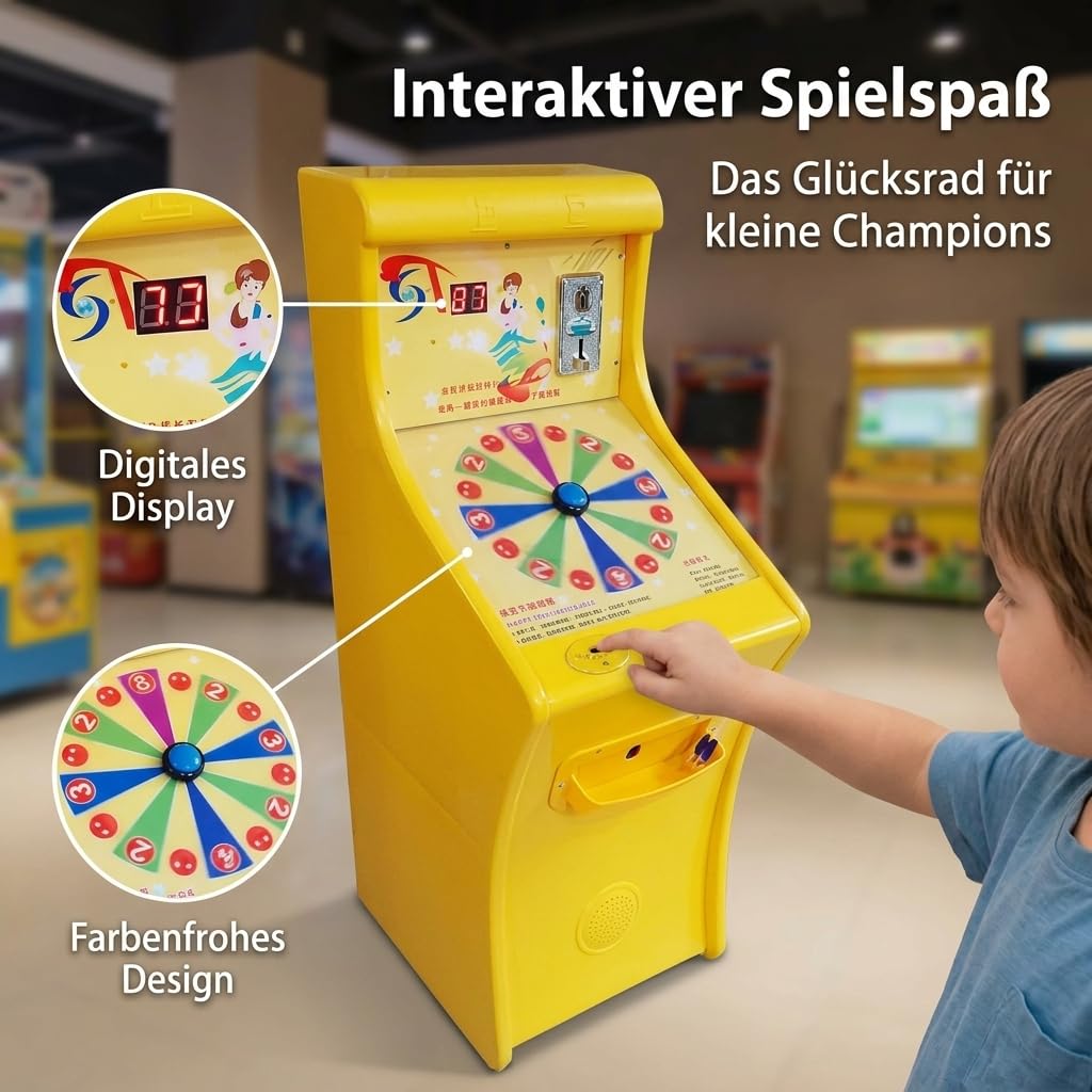 Gelber Arcade Automat, Münzbetriebener Kinderspielautomat mit Murmel-Launch, 55x40x110cm, für Spielzimmer & Kindergeburtstage , Klassisches Arcade-Design