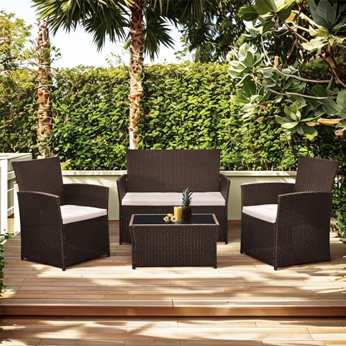 Aweather Rattan Garden Furniture Set Outdoor 4 Seater Patio Conversation Sets with Glass Top Coffee Table (Brown) Aweather Rattan Garden Furniture Set Outdoor 4 Seater Patio Conversation Sets with Glass Top Coffee Table (Brown)