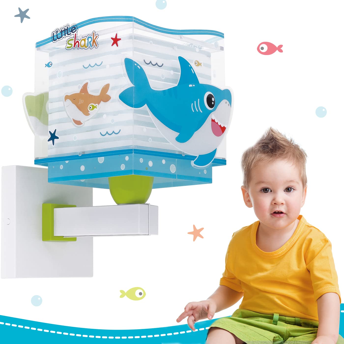 Dalber kinder Wandlampe, Kinderlampe Wandleuchte, kinderzimmer Little Shark Haie Tiere, kinder zimmer leuchte lampenschirm, 63479, E27, Blau