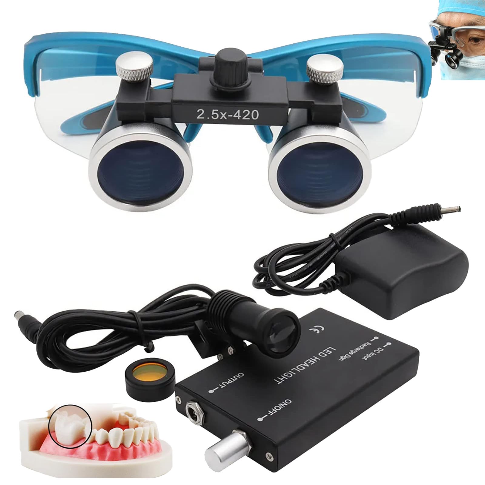 Lenti d'Ingrandimento Dentali 2,5X / 3,5X, Lenti d'Ingrandimento Binoculari Chirurgiche + Luce Frontale A LED da 5W, Portatili Ultraleggere, Attrezzatura da Laboratorio per Dentista,Blue-2.5X
