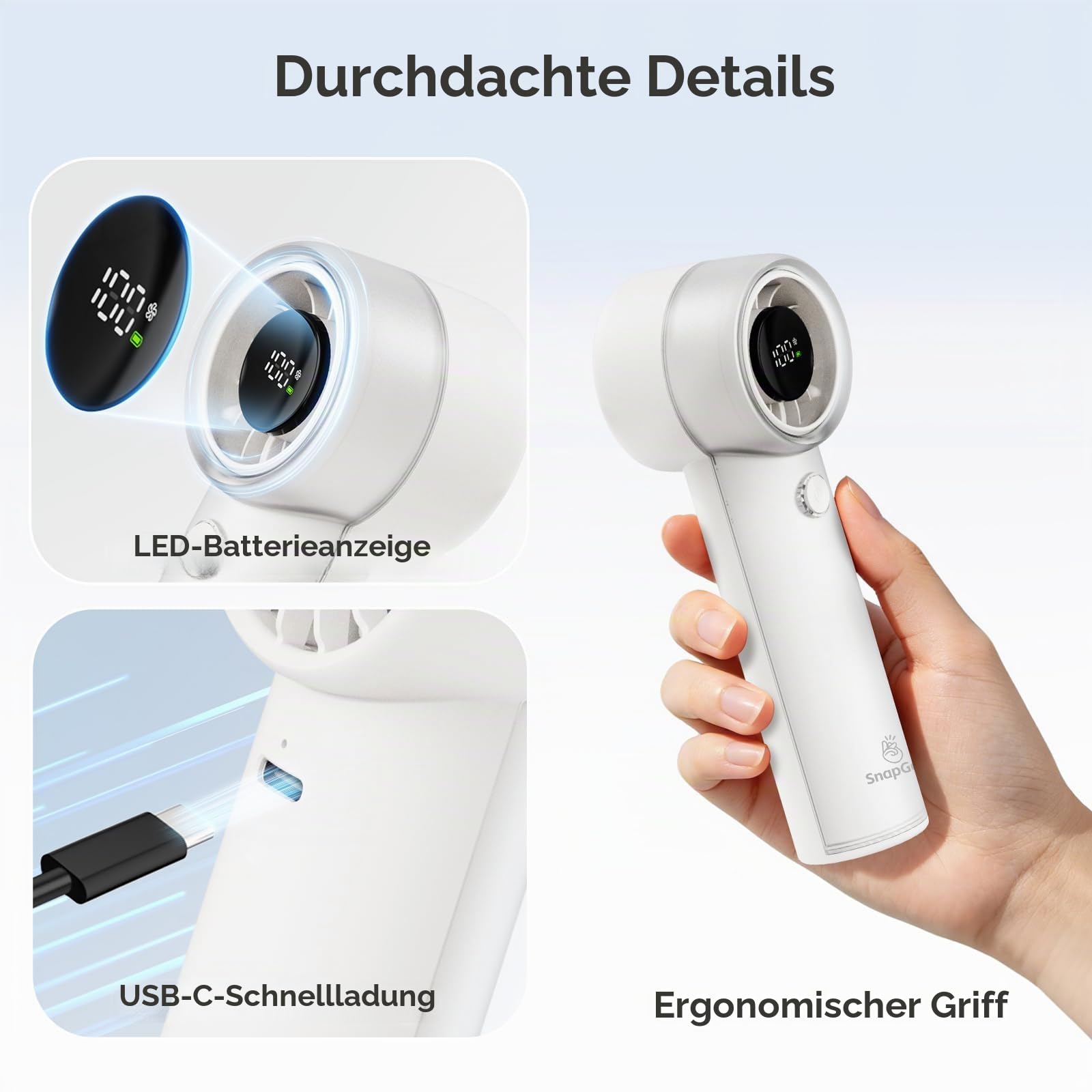 Snapgear Ultraleichter, tragbarer Taschenventilator (95 g), leiser Handventilator, 15.000 U/min Turbo Jet, 20 Stunden Laufzeit, 5 Geschwindigkeitsstufen, flüsterleise (44 dB), USB-C-aufladbar