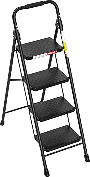 HBTower Step Ladder, 4 Step Ladder with Wide Anti-Slip Pedal, Folding Step Stool with Cushioned Handle, 330lbs Capacity Step Stool for Adults for Home and Kitchen, Black