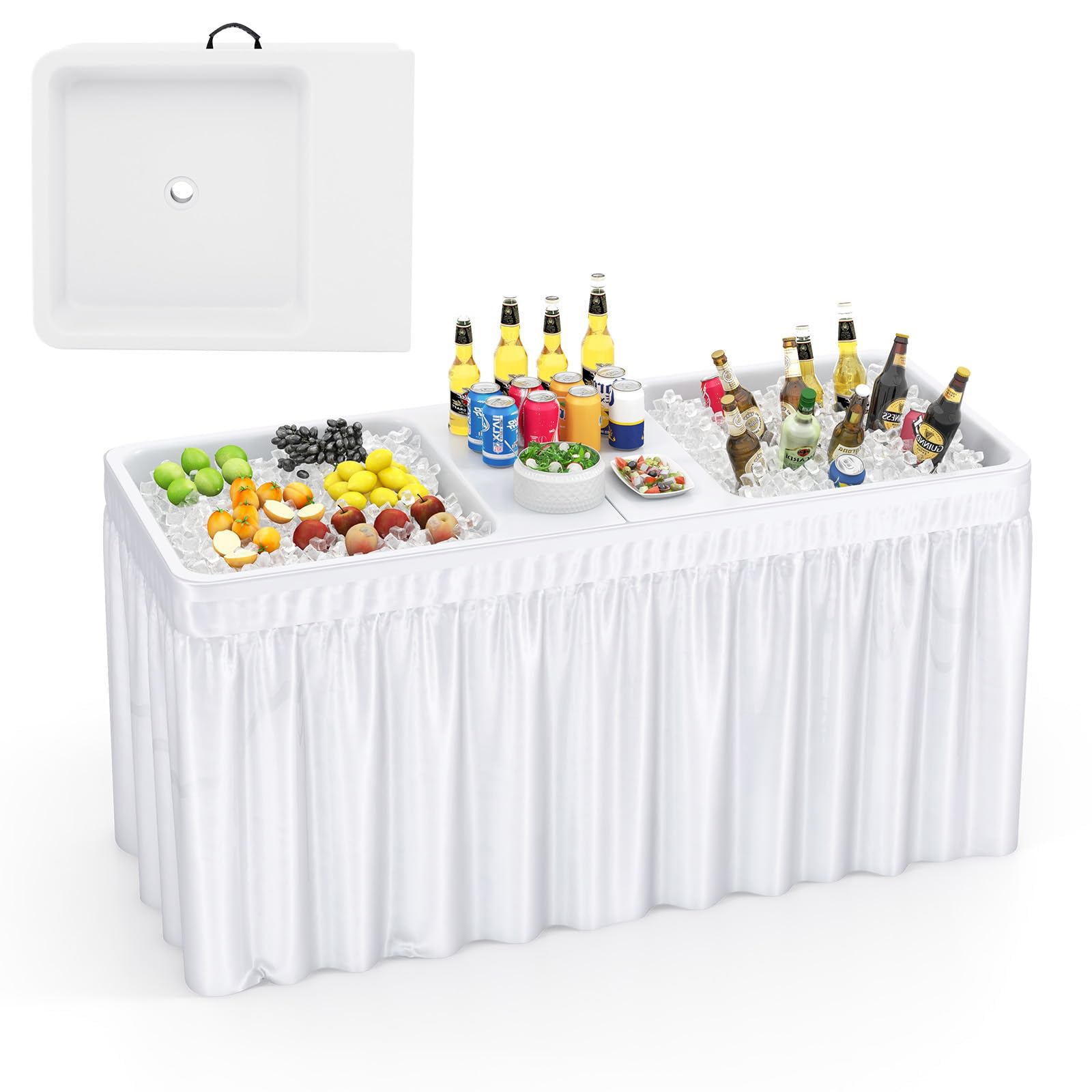 RELAX4LIFE Tavolo Refrigerante Pieghevole 150 CM per Bevande e Alimenti Freddi, con 2 Lavelli, Gonna Rimovibile, Tubo di Scarico Regolabile, Piano in HDPE, Tavolo del Ghiaccio Per Giardino, Campeggio