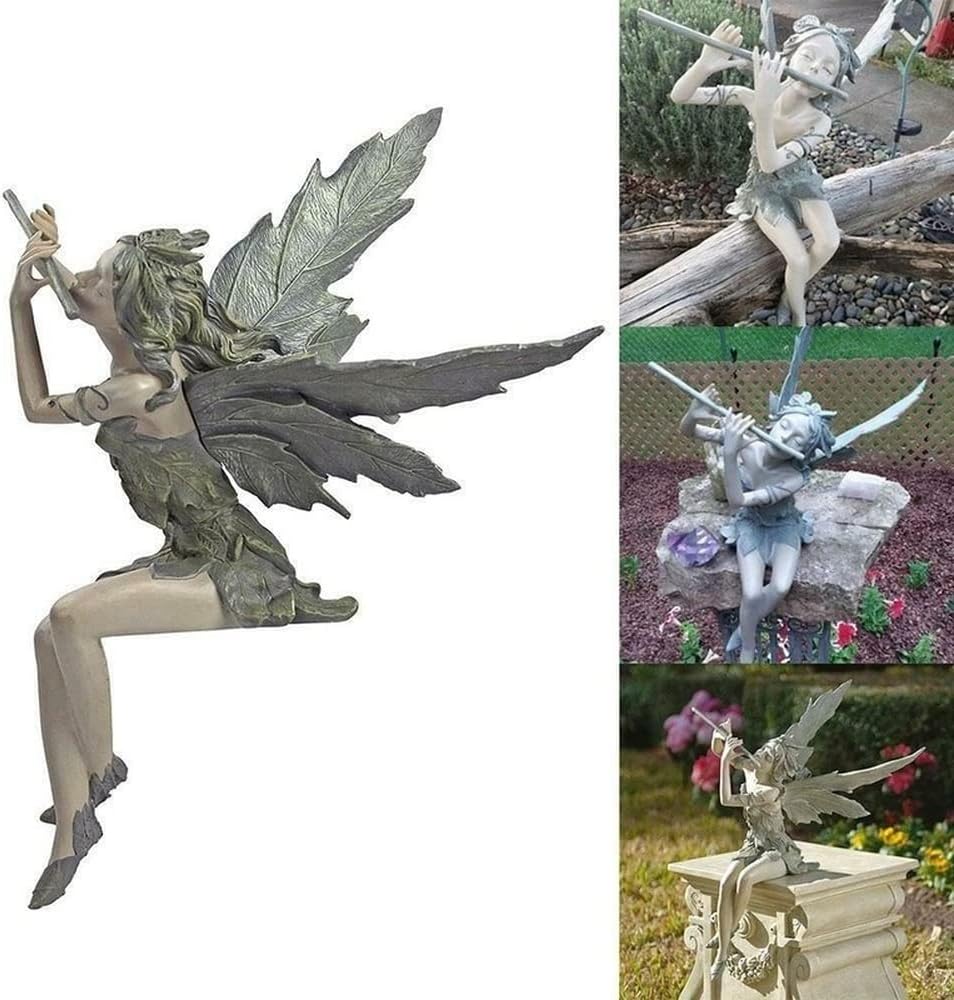 Welink Flute Fairy Flower Statue - Sitting Sculpture Garden Ornament Craft Resin Figurine - Gift for Landscaping Yard Decoration