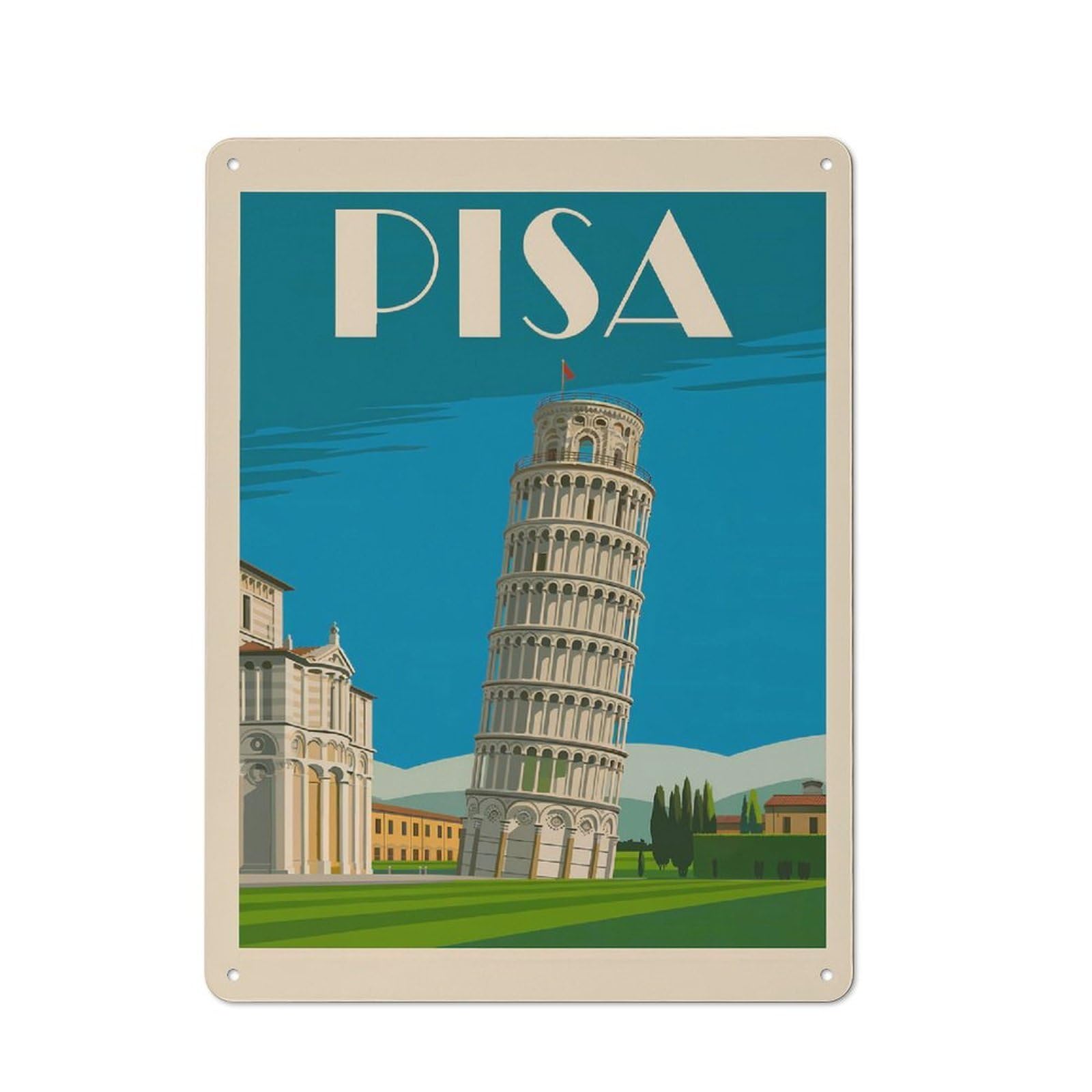 Junmoney Style-16 Creative Leaning Tower Of Pisa Travel (3) Tin Sign 40X30cm, Study Room Decor For Workspace, Cafe, Shop Or Desk Area