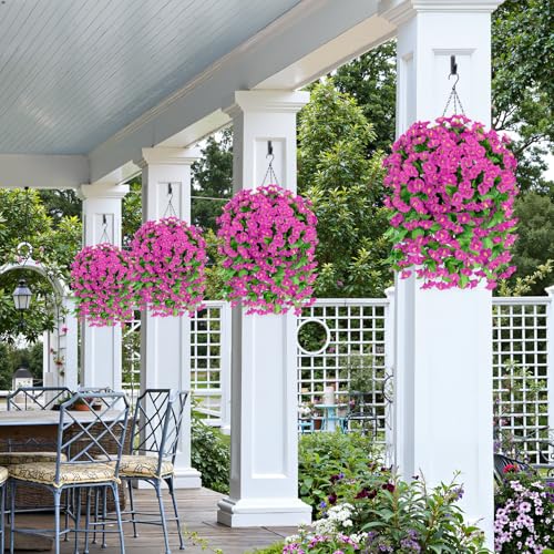 Image of Bassion 2 Pack Artificial Hanging Petunias Flowers for Outdoors, Fuschia | UV resistant, silk fake flowers, hanging morning glory trailing vines, porch garden spring summer planter decoration