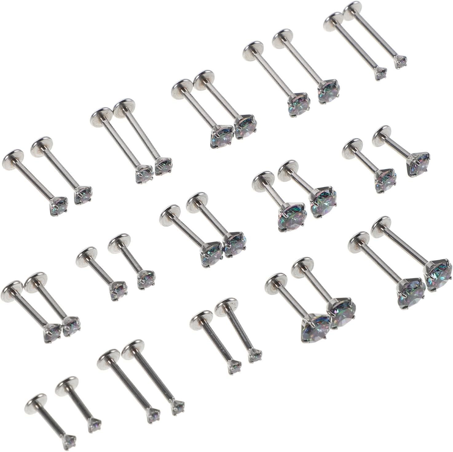 MAGICLULU Flat Back Screw Earrings Lightweight 30pcs Hypoallergenic Stainless Steel round Zircon Labret Ear Piercing Jewelry for Sensitive Ears for Work and Face Piercing