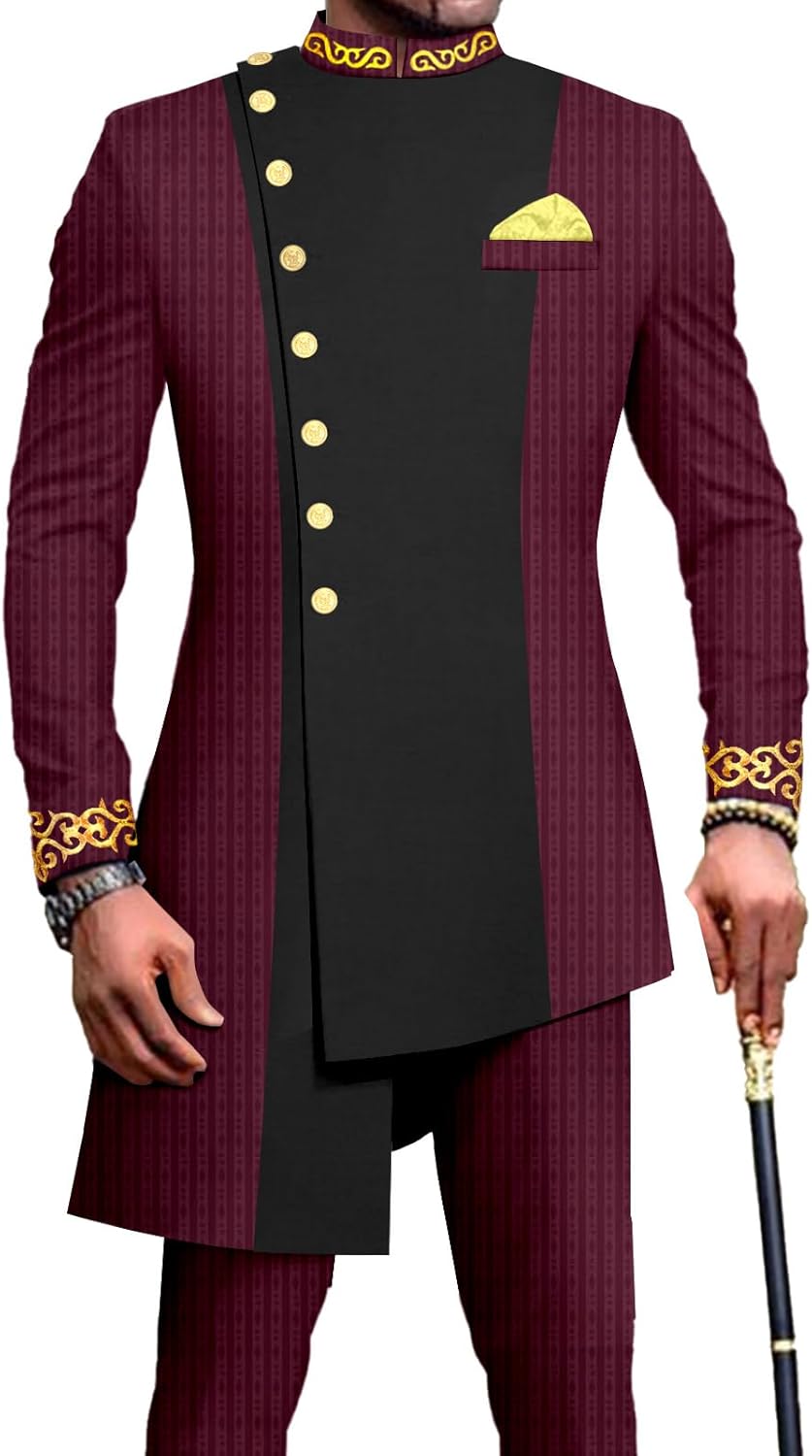 African Attire for Men Embroidery Jacket and Trousers Wedding Formal Slim Fit 2 Piece Set