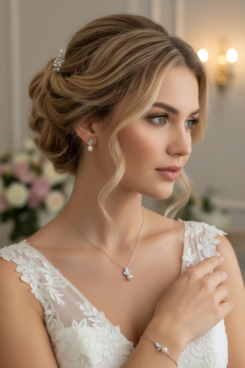 925 Silber Schmuckset Damen Perlen Blätter Halskette Ohrringe Armband Zirkonia Strass Brautschmuck Hochzeit Kommunion