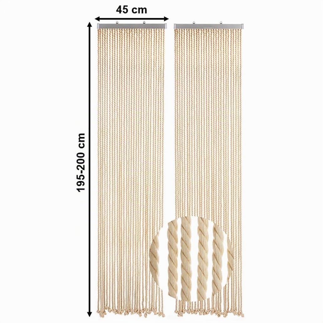 Kobolo Seilvorhang MARITIM, 90x195/200 cm, 56 Stränge, beige, mit Zweiteiliger Aluleiste – dekorativer Fliegenvorhang als Sichtschutz oder Türvorhang für Balkon und Terrasse