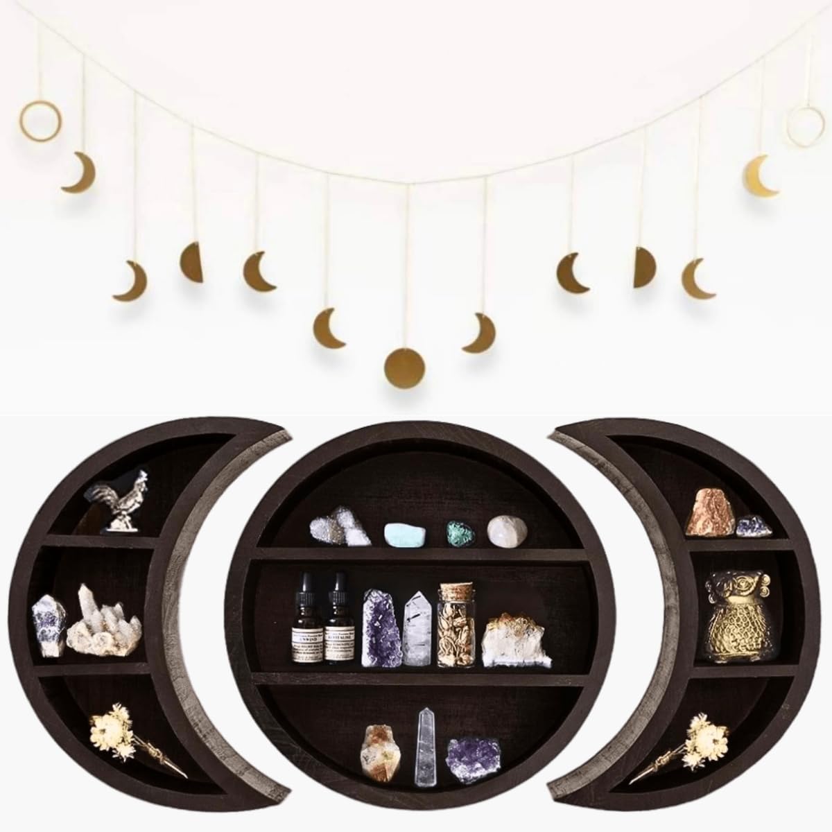 Moon Shelf Set - 3PCS Moon Phase Wall Hanging Shelf with Gold Moon Phase Wall Decor Crystal Shelf Crystal Display Shelf, Moon Wall Decor, Shelves For Wall Decor Crystal Storage Wiccan Decor Dark Brown