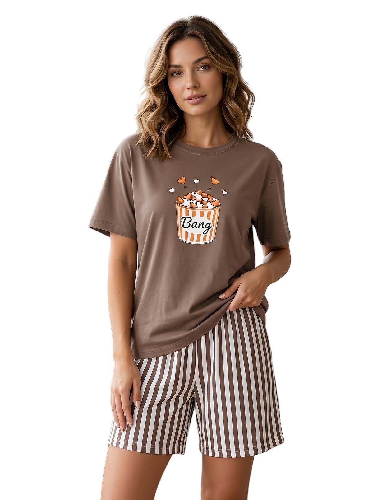 hellcat Women Co-ords Loungewear & Sleepwear Set | Relaxed Fit Round Neck Graphic Print Top with Striped Shorts | Breathable Cotton Blend Nightwear, Night Dress, Lounge Wear, Summer Homewear-picture-12