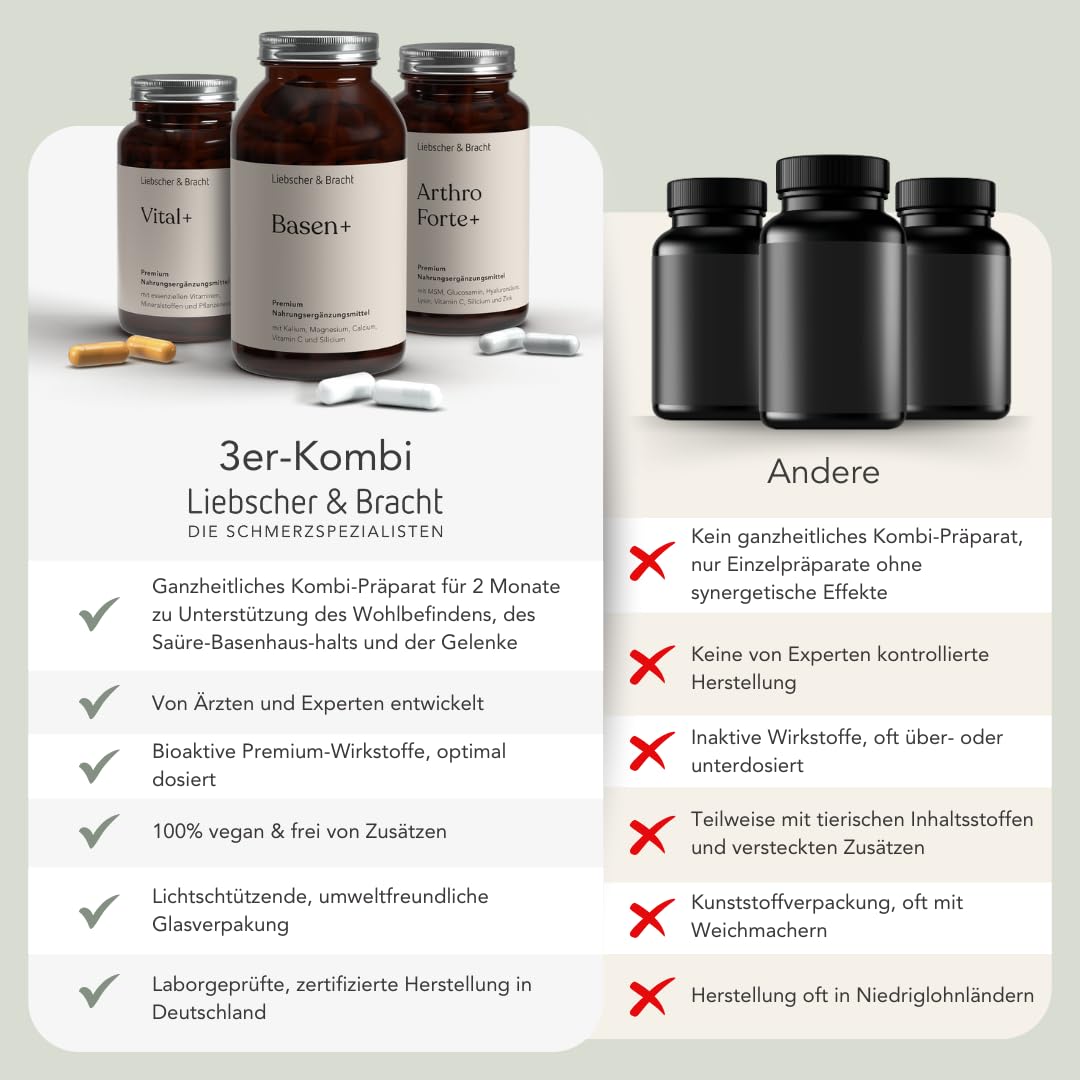 Liebscher & Bracht Premium Nahrungsergänzungsmittel 3er-Kombi: 1x Vital+ / 1x Arthro Forte+ / 1x Basen+ für 2 Monate, vegan, lactose- & glutenfrei, laborgeprüft