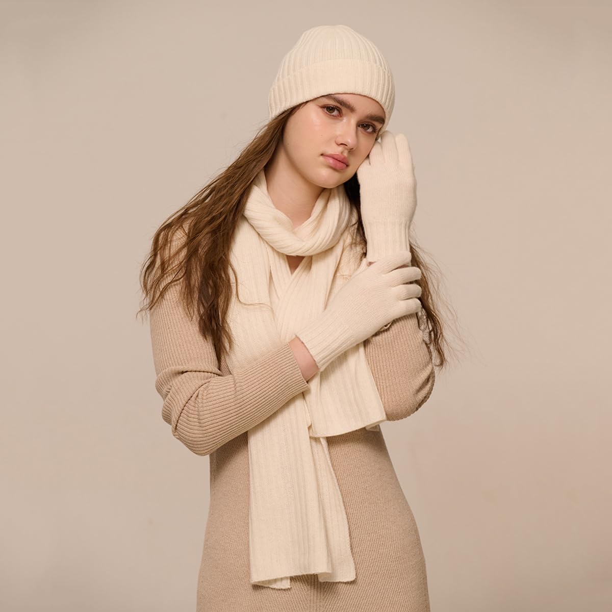 YUONNY Zimowa czapka beanie, szalik, rękawiczki, zestaw 100% wełny merynosów, dla kobiet i mężczyzn, miękka, ciepła czapka z dzianiny ze ściągaczami, długi szal i pełne palce, zestaw 3 w 1, do
