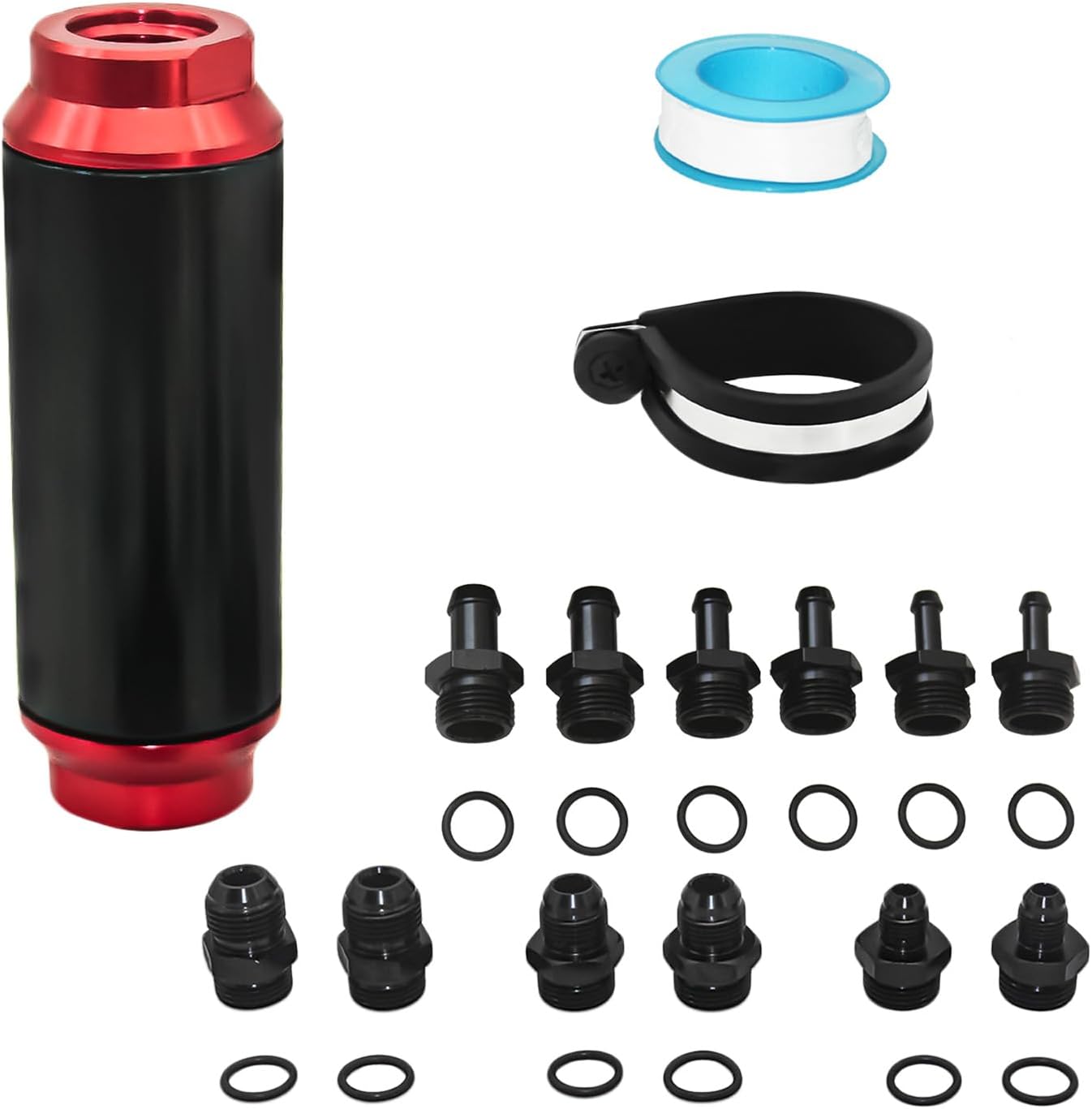 44mm Inline fuel filter with 30Micron, And Barb 1/2", 3/8", 5/16" Fitting Adapter And 10AN 8AN 6AN Fitting Adapter,with Clamp Universal