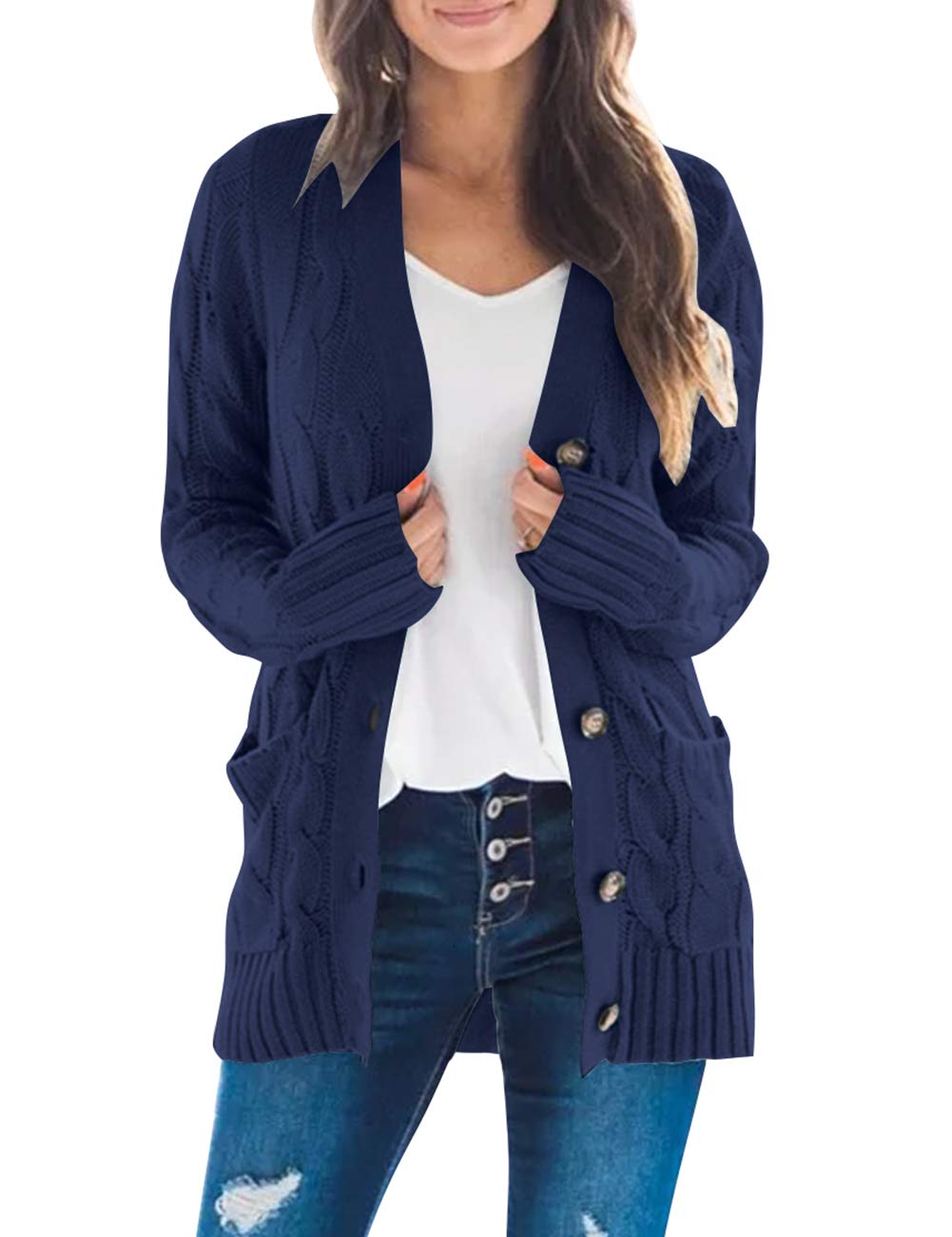 MEROKEETY Women's Long Sleeve Cable Knit Sweater Open Front Cardigan Button Loose Outerwear Navy