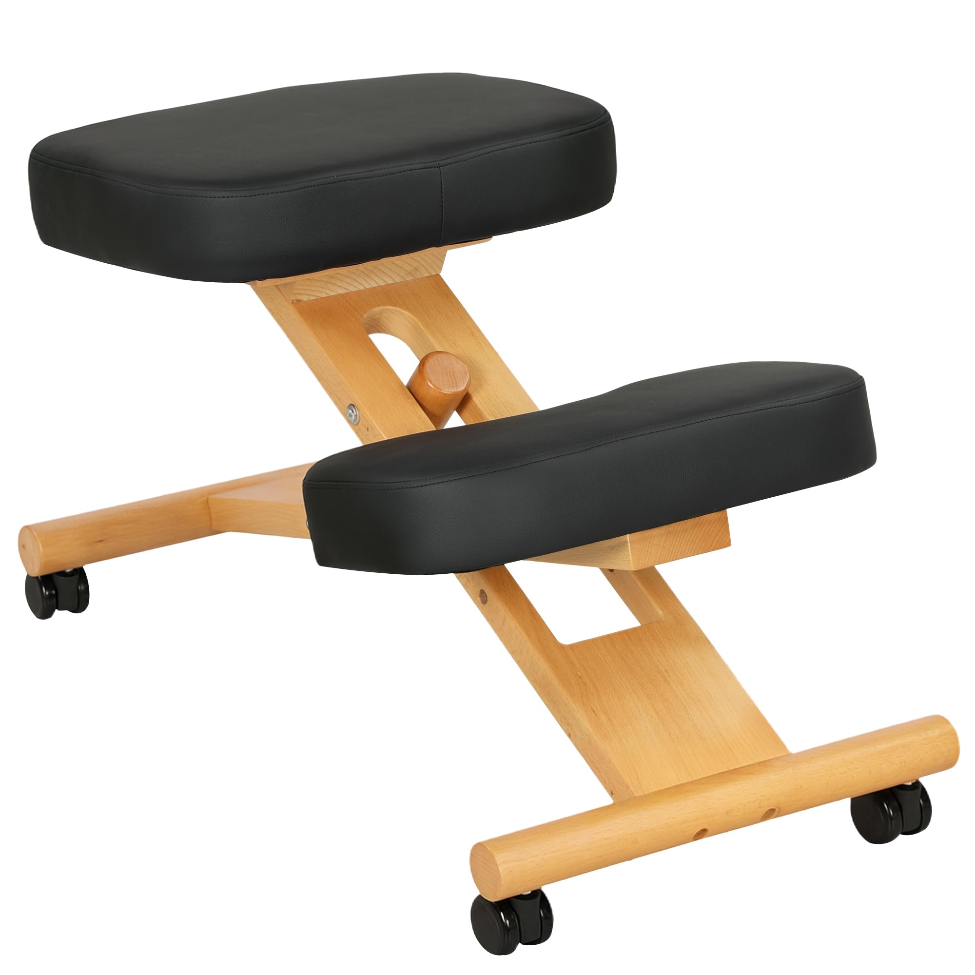 HOMCOM Sedia Ergonomica Inginocchiata con Rotelle in Legno di Caucciù Nero | Sedia Ergonomica Posturale da Ufficio e Casa, Sgabello Ergonomico Inginocchiatoio
