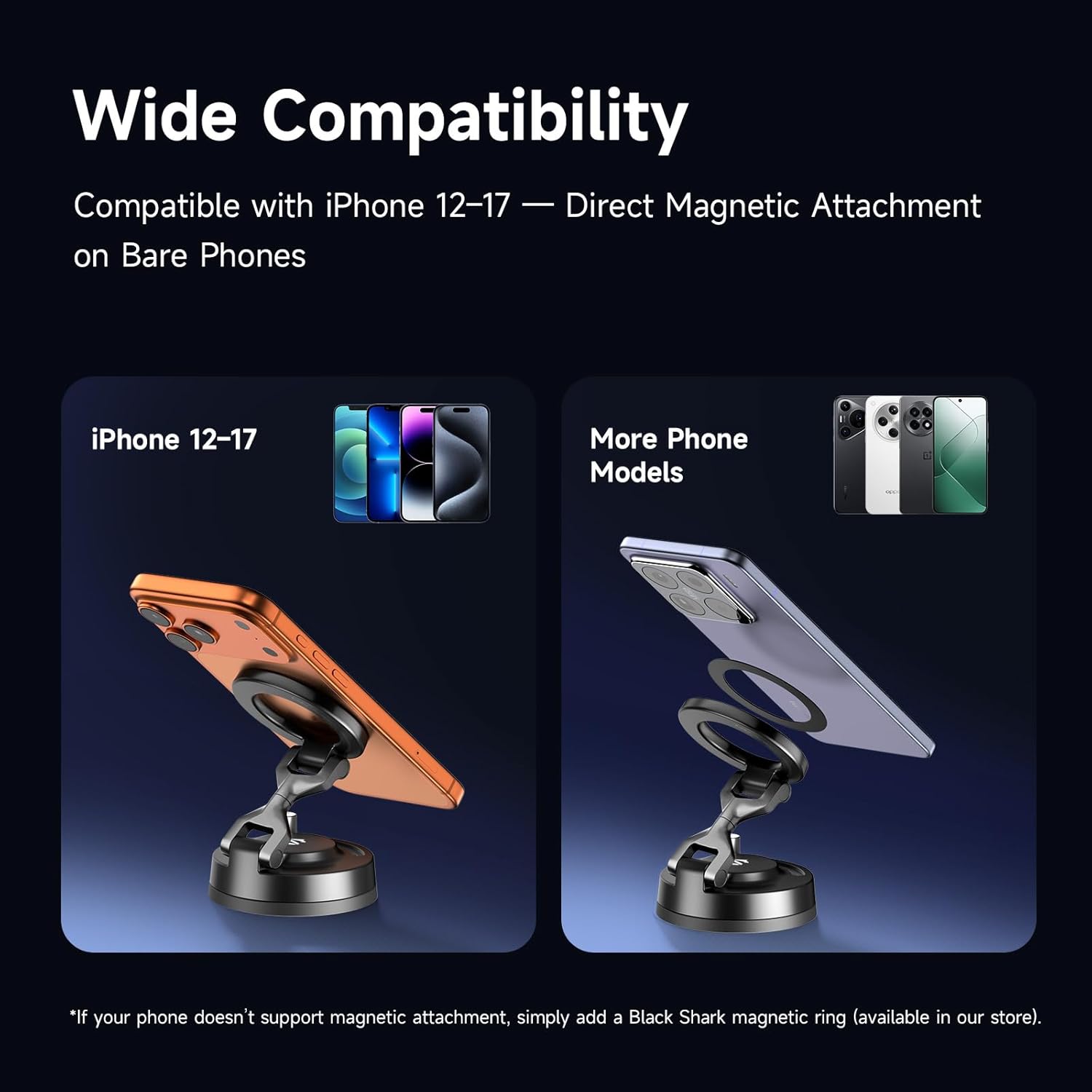 Black Shark Magnetic Car Phone Holder, Zinc Alloy Arm, 720° Adjustable MagSafe Mount with Vacuum Suction for iPhone 12-17/Pro/Max, Dashboard & Windshield Compatible