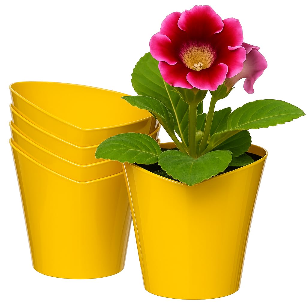 Home Garden Ornaments Yellow Plastic Plant Pots Indoor Set Of 5 – Tapered Shape Vibrant Colors Flower Pots For Home Decor (13Cm / 5.1 Inch, )