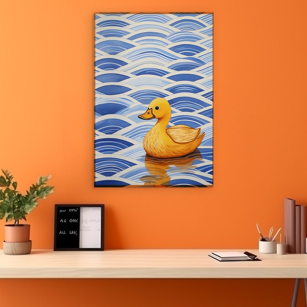 Canvas for Living room. Floating Serenity: A Playful Yellow Rubber Duck Sets Sail on Tranquil Blue Waves, 27 x 18 inch Canvas Wall Art - Ready to Hang - 69x46 cm (27x18 inch)