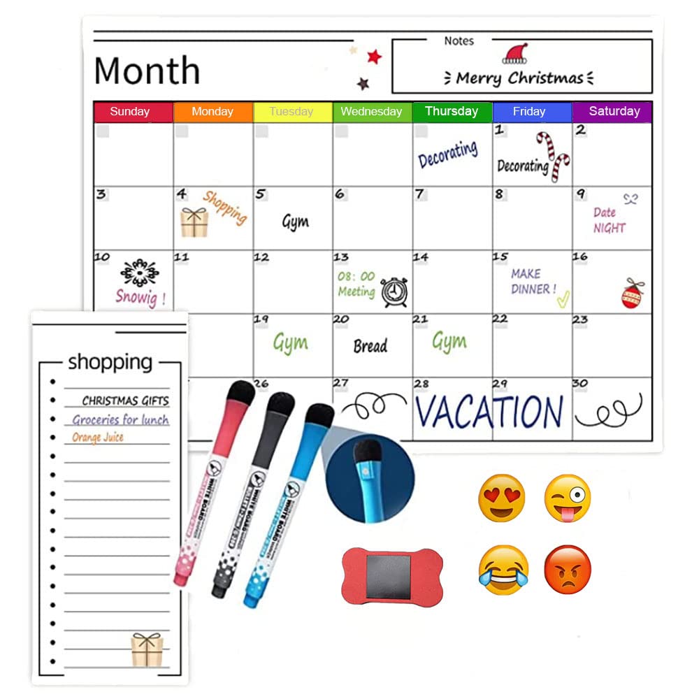 CLOUDFOUR Magnetic Whiteboard Monthly Calendar and Planner Set 40x30cm for Fridge With Shopping List, 3 Markers, Eraser and 3 Assorted Emoji Icons