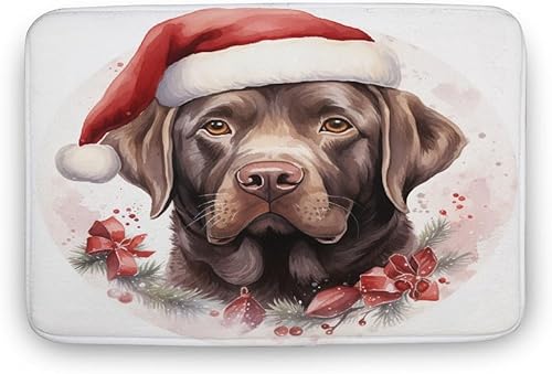 Alfombra de baño para perro, diseño de Papá Noel, color chocolate, acuarela, sombrero de Papá Noel, tapete de espuma absorbente, tapete