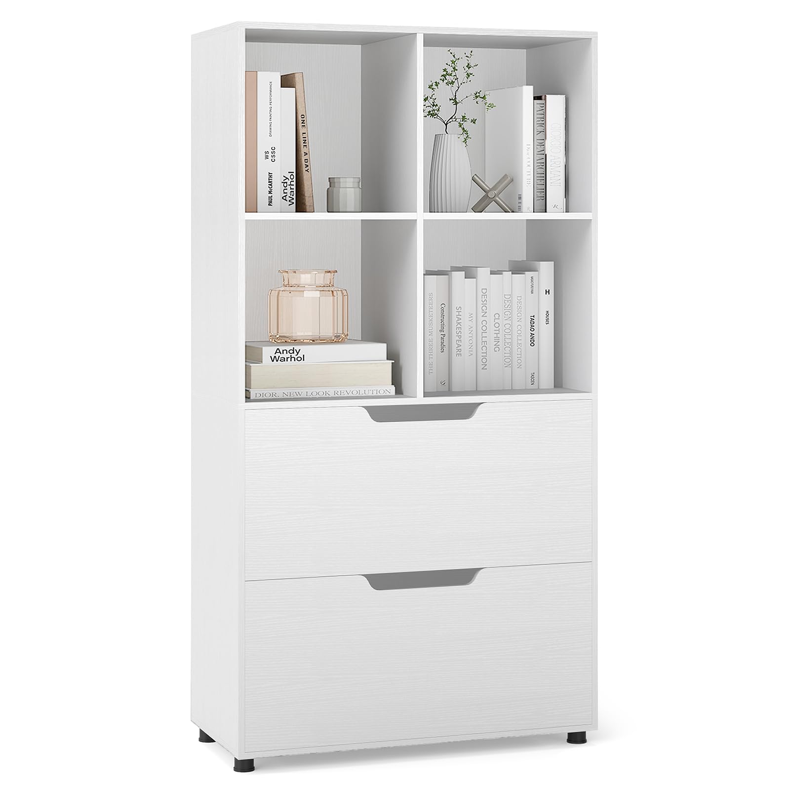 COSTWAY 130cm/188cm Tall Bookcase, Wooden Cube Bookshelf Storage Cabinet with 4 Open Shelves & 2 Drawers, Modern Freestanding Cupboard Display Organizer Unit for Home Office (White, 70 x 34 x 130cm)