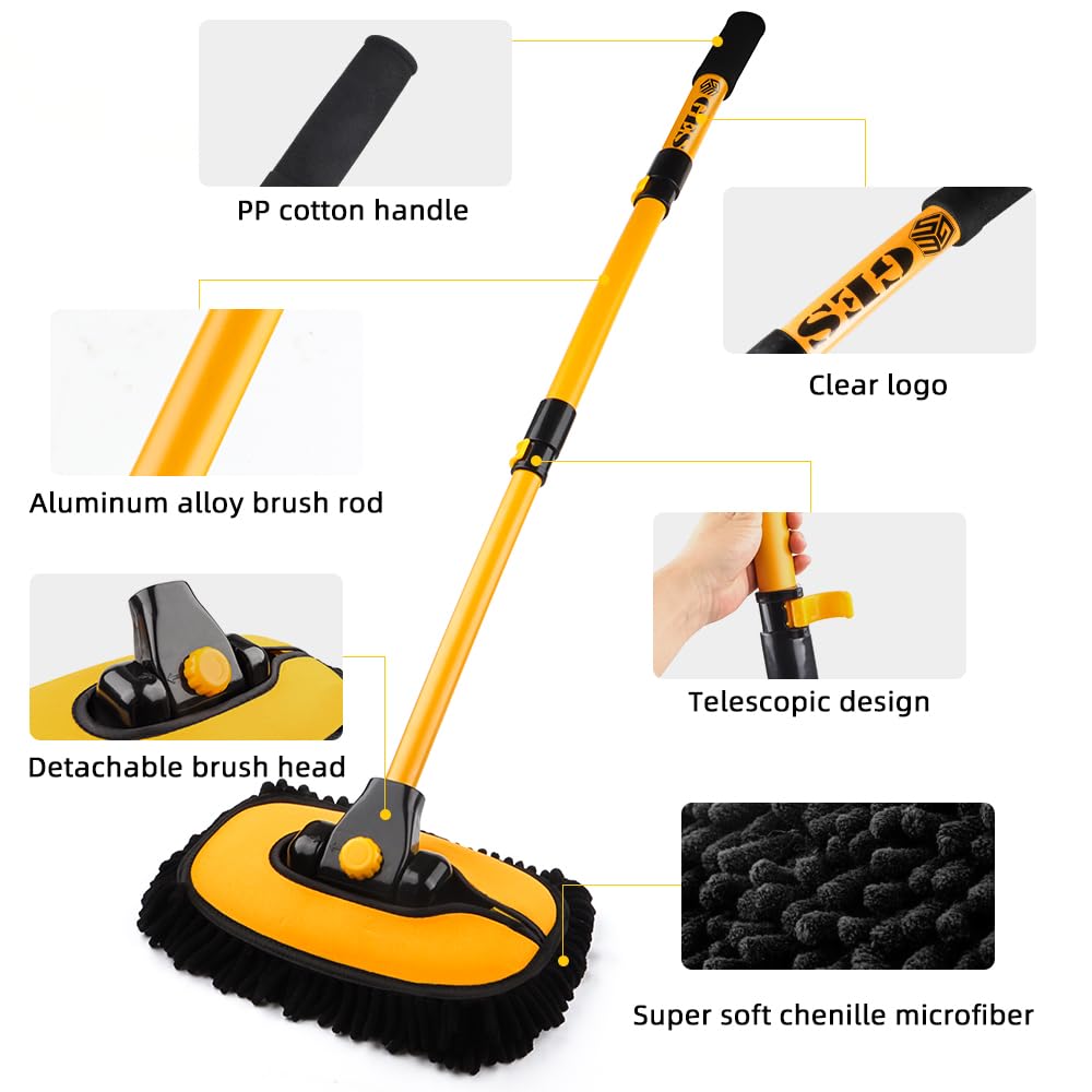 GES Brosse de lavage de voiture de 43 pouces, brosse de nettoyage de voiture avec manches extra-longues extensibles incurvées à 15° pour laver la voiture, la caravane, le van, le camion, kit de