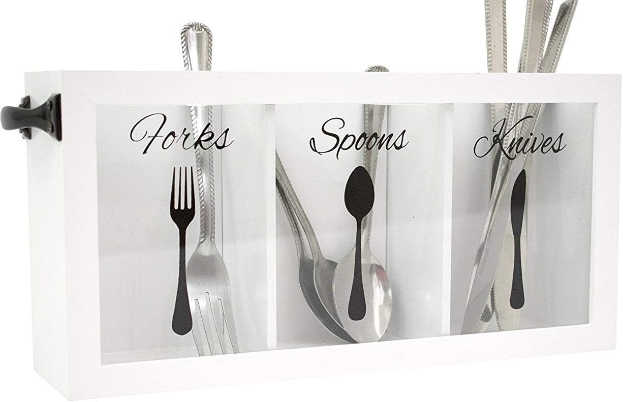 Blu Monaco Cutlery Caddy - Made of White Wood - Three Compartments for Forks, Spoons, Knives - Black Handles - Kitchen Utensil Organizer - Silverware Caddy - Flatware Caddy