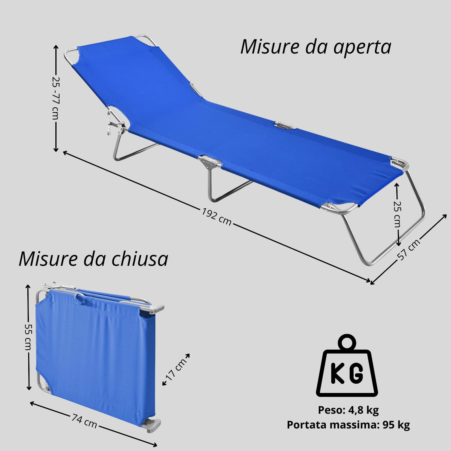Chaise Longue Tomaino Extérieur - Plastique Pliable Inclinable - 7kg - Noir - Camping, Plage, Jardin