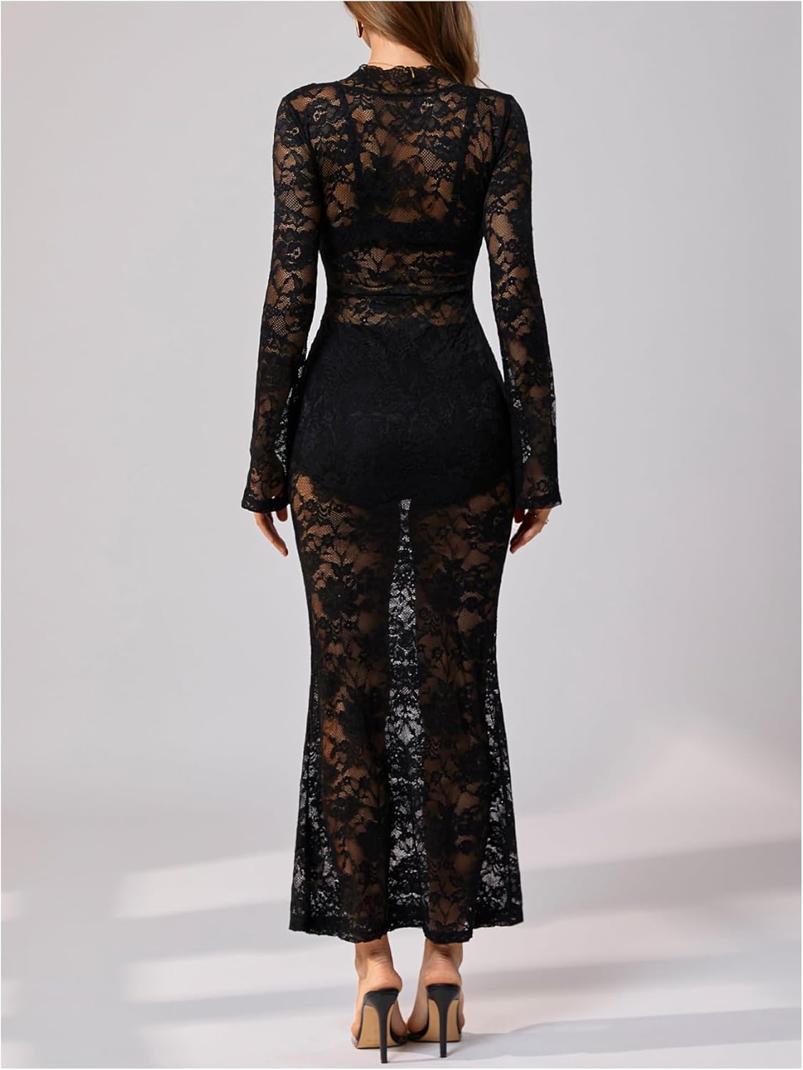 SHENHE Women's Lace Long Dress Elegant Sheer Floral Long Sleeve Bodycon Wedding Dresses - Image 2