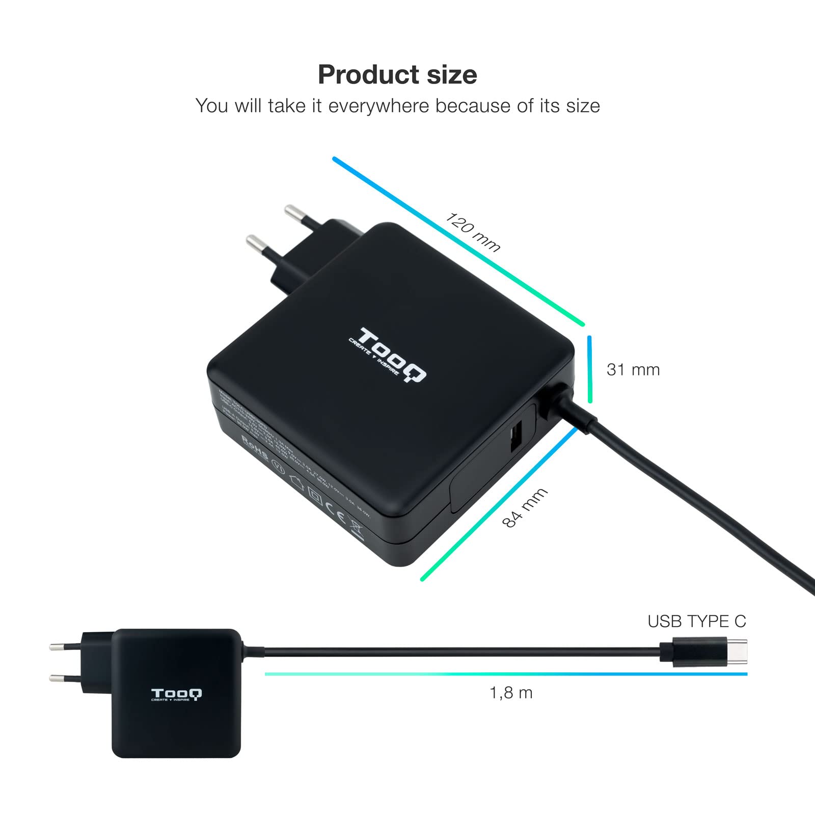 TooQ TQLC-USBC90PD - Caricabatterie automatico universale per laptop 90W