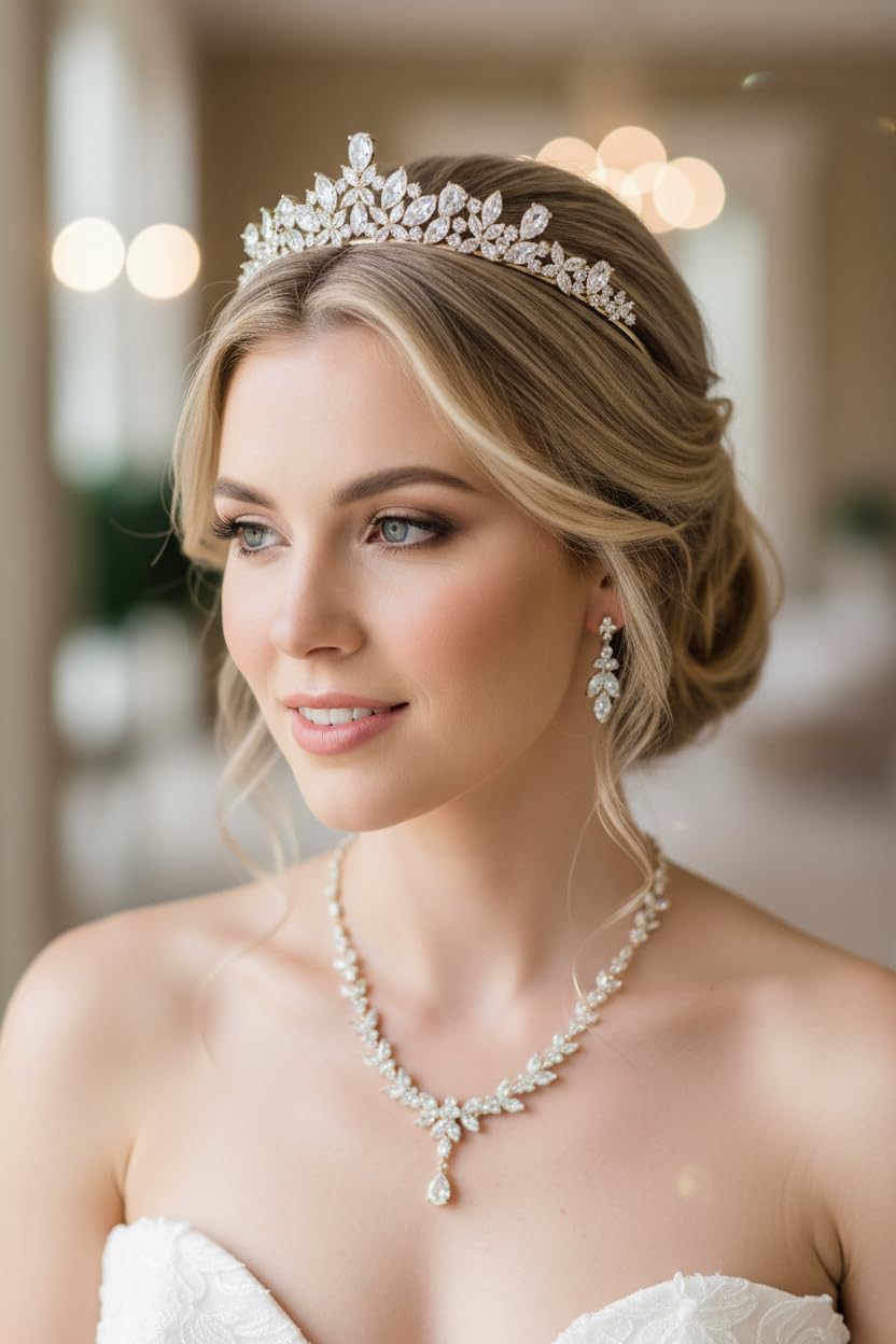 Schmuckset Damen Gold Zirkonia AAA+ – Halskette Ohrringe Armband & optional Diadem – Elegantes Brautschmuck Set für Hochzeit Abiball Kommunion Ball