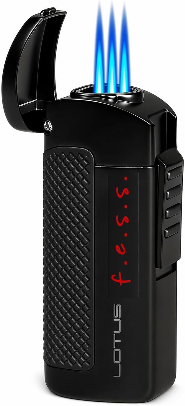 F.E.S.S. CEO Triple Torch Lighter by Lotus Group – Windproof Butane Lighter with Fuel Level Window, Large Flame Adjuster, Fold-Out Cigar Punch, Metal Housing – Lights up to 12,000 Feet