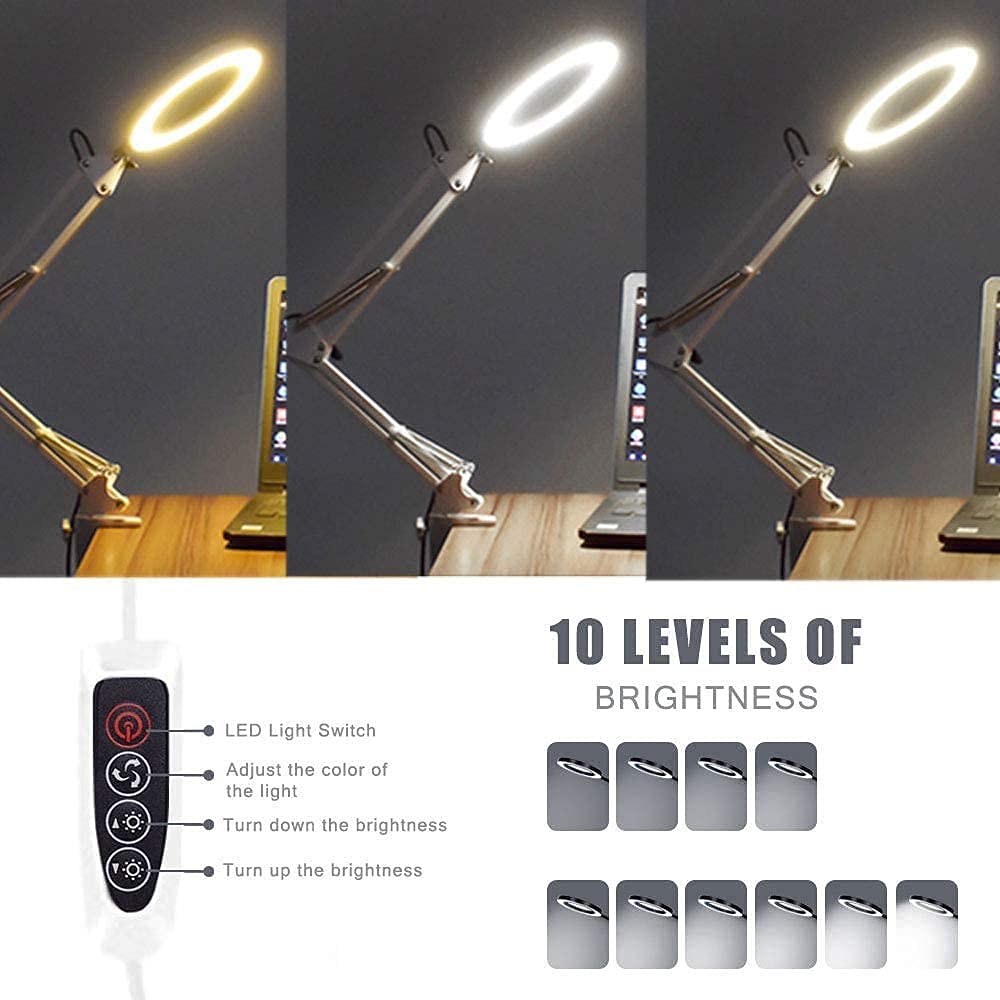 Lupa,do prac rzemieślniczych bez użycia rąk, lampa biurkowa USB 5X, regulowana lampka do czytania z obrotowym ramieniem, z 10 rodzajami jasności, używana do czytania, rękodzieła, pracy zamkn