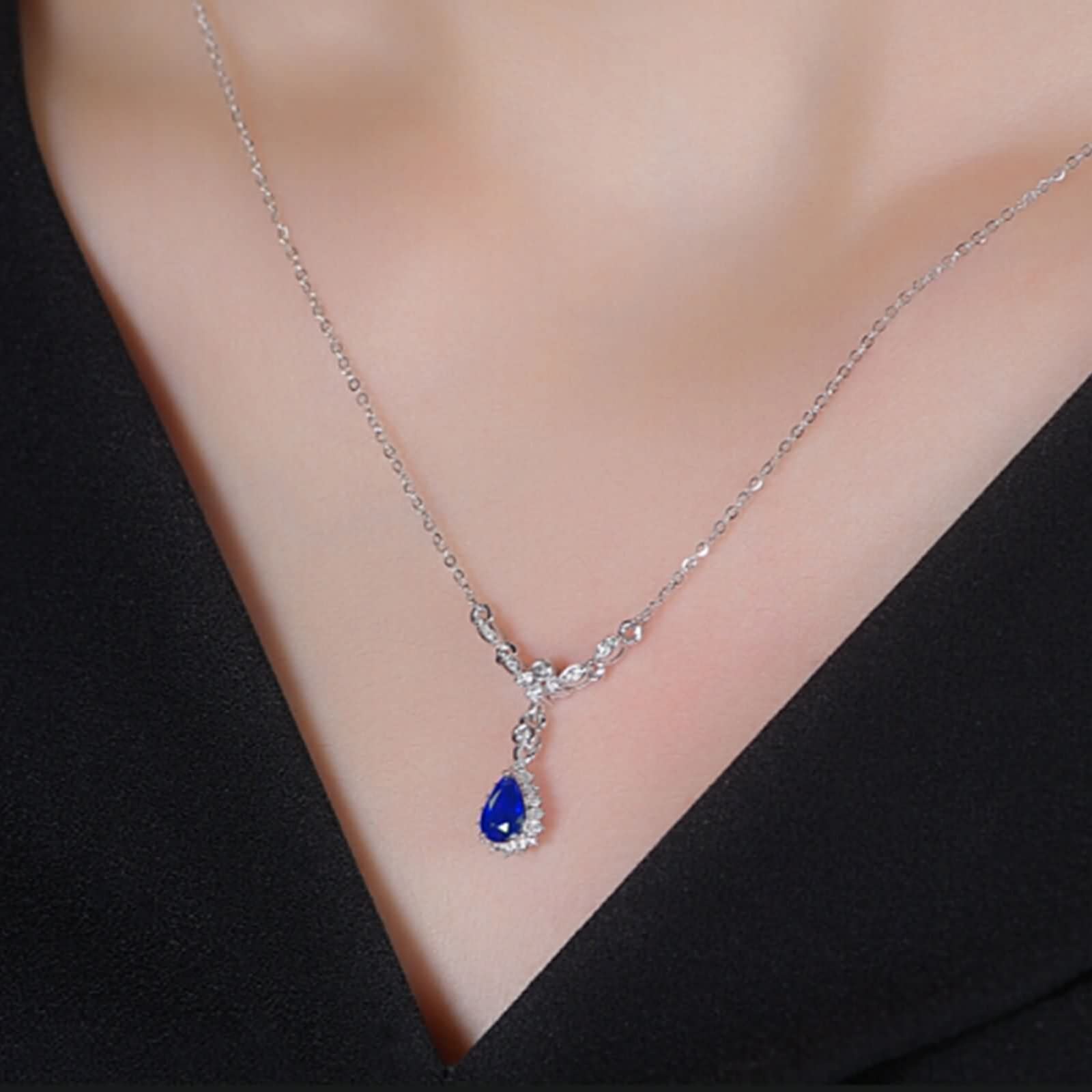 Joya de oro real de 18 quilates, collar de oro blanco para mujer, estilo Art Nouveau, cadena de mujer con corte de gota de 0,5 quilates, azul zafiro, Au750, cadena de oro para mujer, regalo