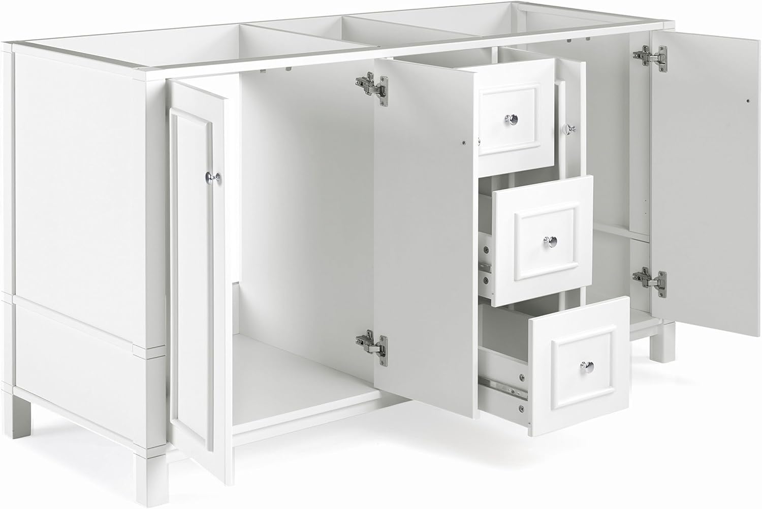 Interior view of the Alaterre Furniture Williamsburg 60 Inch Double Sink Bathroom Vanity with all doors and drawers open, revealing spacious storage compartments and drawer interiors.